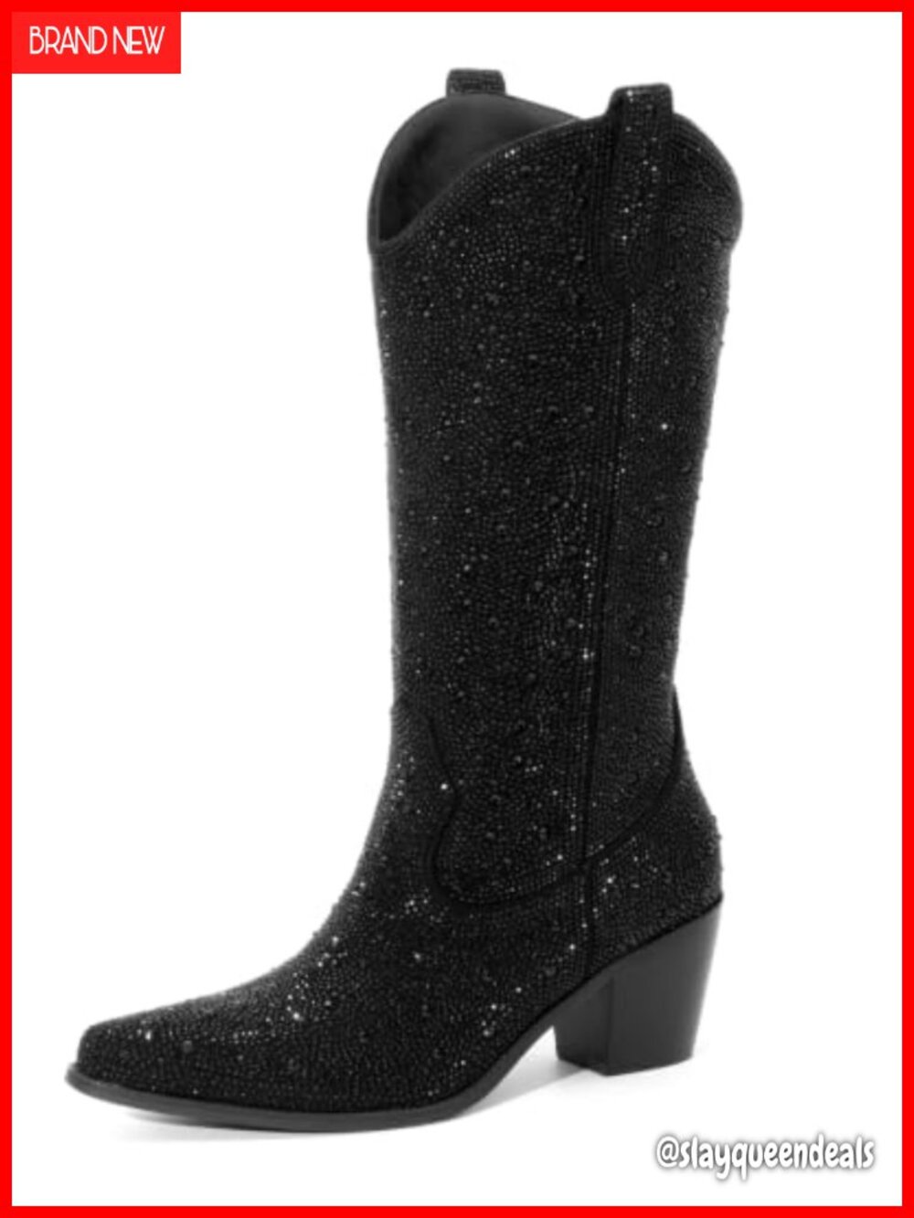 Knee High Cowgirl Boots Faux Suede Rhinestone Embroidered Chunky Heel